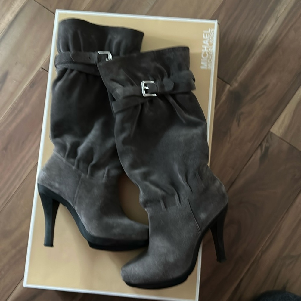 Gently used, gray suede boots